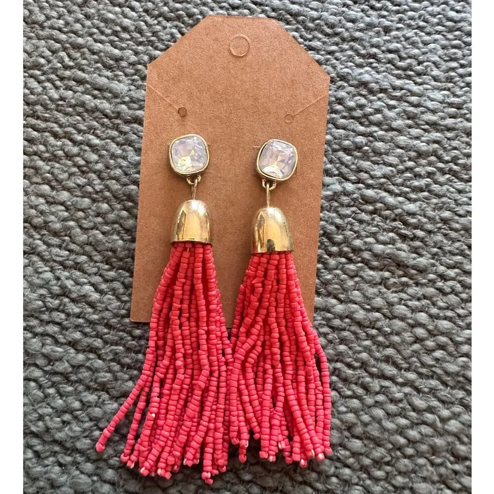 Coral Beaded Tassel Earrings with Diamond Studs on Gold